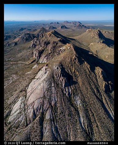 Aerial view of Dona Ana peaks of monzonite porphyry. Organ Mountains Desert Peaks National Monument, New Mexico, USA (color)