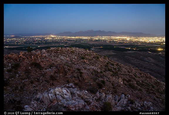 Las Cruces and Organ Mountains at night from Picacho Mountain. Organ Mountains Desert Peaks National Monument, New Mexico, USA (color)