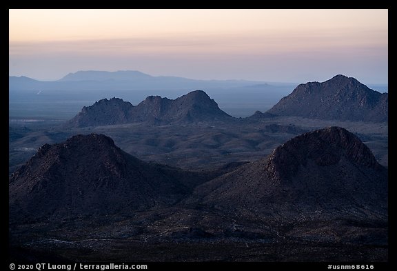 Cluster of Dona Ana mountains peaks at sunset. Organ Mountains Desert Peaks National Monument, New Mexico, USA