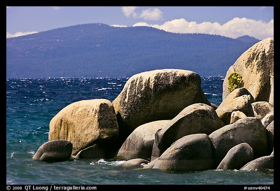 Boulders, lake, and mountains, Lake Tahoe-Nevada State Park, Nevada. USA (color)
