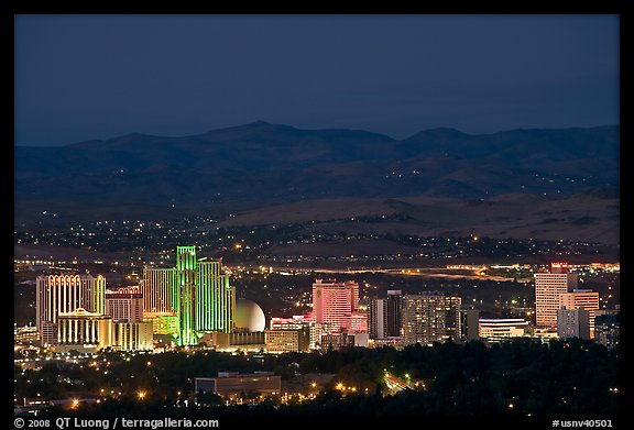Reno skyline at dusk. Reno, Nevada, USA