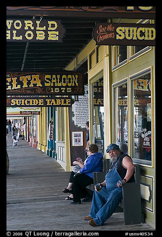 Arcade with suicide table sign. Virginia City, Nevada, USA