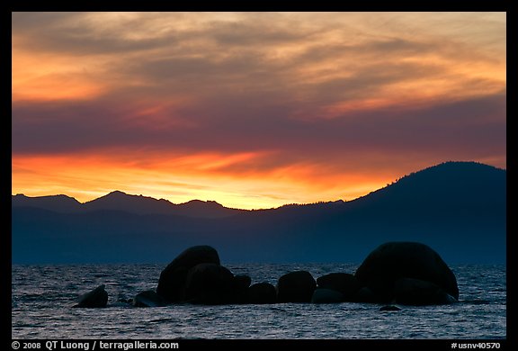 Rocks and mountains at sunset, Lake Tahoe-Nevada State Park, Nevada. USA (color)