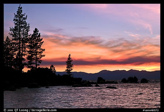 Shoreline with pine trees and rocks, Sand Harbor, East Shore, Lake Tahoe, Nevada. USA