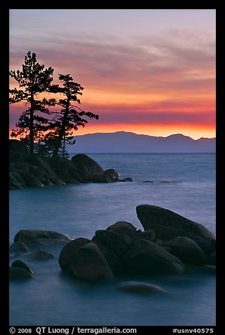 Boulders and trees, sunset, Sand Harbor, East Shore, Lake Tahoe, Nevada. USA (color)