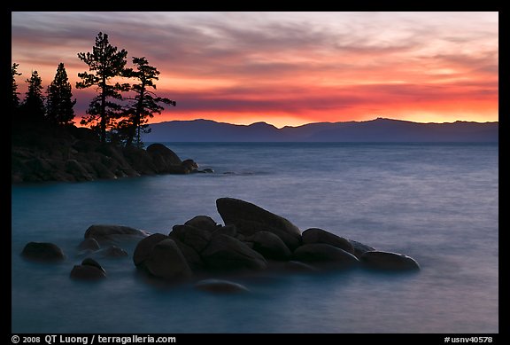 Rocks and trees, sunset, Sand Harbor, East Shore, Lake Tahoe, Nevada. USA