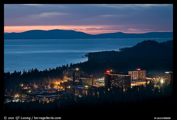 Stateline casinos and Lake Tahoe at dusk, Nevada. USA