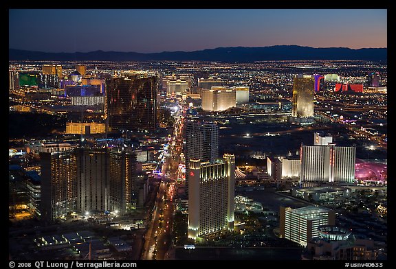 Las Vegas Strip lights seen from above at sunset. Las Vegas, Nevada, USA