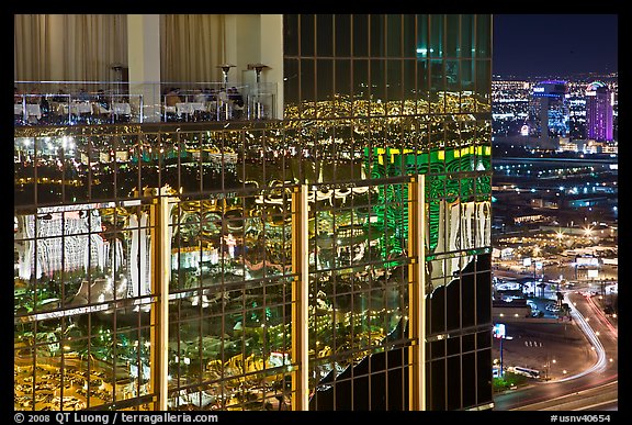 Dining room and night reflections, the Hotel at Mandalay Bay. Las Vegas, Nevada, USA