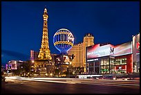 Las Vegas Boulevard and Eiffel Tower replica at dusk. Las Vegas, Nevada, USA (color)