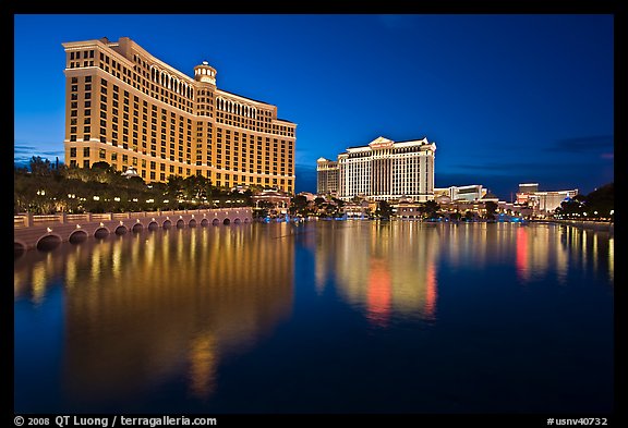 Bellagio and Caesar Palace reflected at dusk. Las Vegas, Nevada, USA
