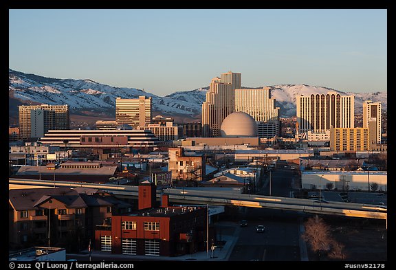 Reno skyline, early morning winter. Reno, Nevada, USA
