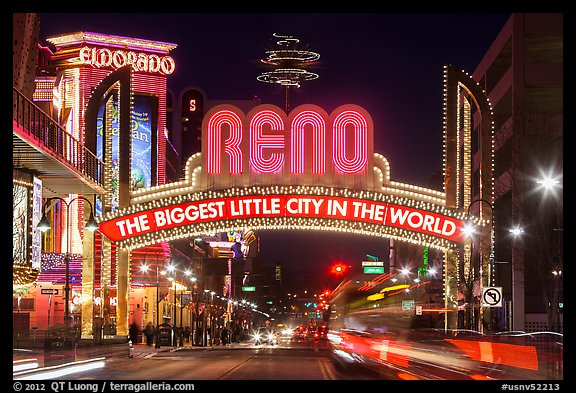 Virginia Street and Reno Arch with lights. Reno, Nevada, USA (color)