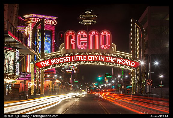 Reno Arch at night with light trails. Reno, Nevada, USA