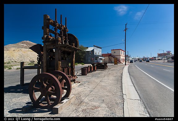 Historic mining equipement lining main street. Nevada, USA (color)