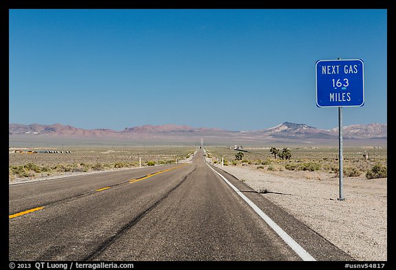 Highway and Next Gas 163 miles sign. Nevada, USA