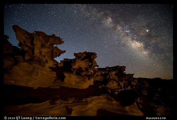 Little Finland and Milky Way at night. Gold Butte National Monument, Nevada, USA (color)