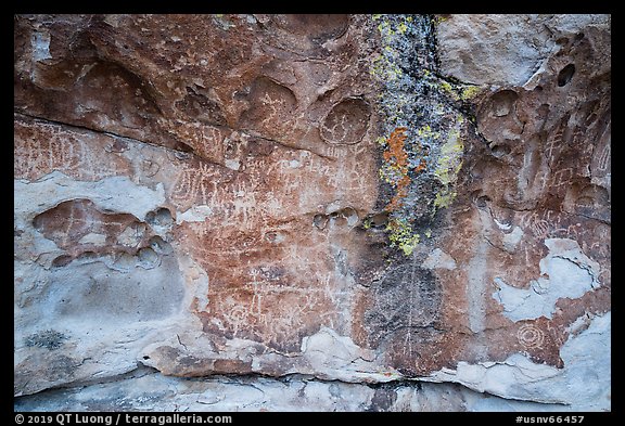 Rock with many petroglyphs, Mt Irish Archeological district. Basin And Range National Monument, Nevada, USA (color)