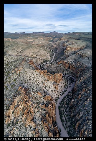 Aerial view of road and pinnacles, White River Narrows. Basin And Range National Monument, Nevada, USA