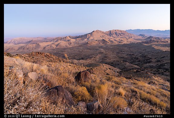 Tramp Ridge and Paradise Valley at dawn. Gold Butte National Monument, Nevada, USA (color)