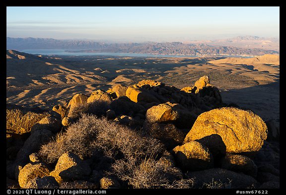 Lake Mead from Gold Butte Peak summit at sunrise. Gold Butte National Monument, Nevada, USA (color)