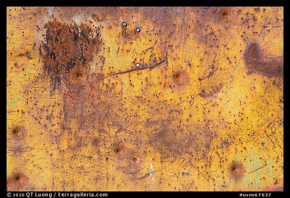 Detail of rusted metal with bullet holes, Gold Butte townsite. Gold Butte National Monument, Nevada, USA (color)