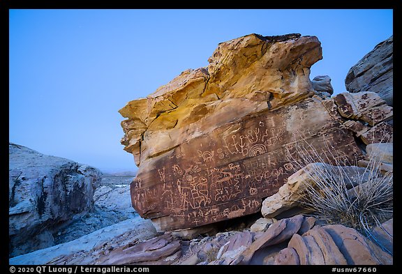 Newspaper Rock with petroglyphs at twilight. Gold Butte National Monument, Nevada, USA