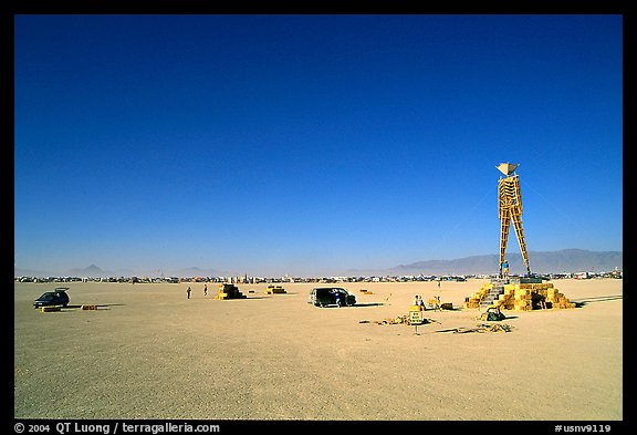 The Man, a symbolic sculpture burned at the end of the Burning Man festival, Black Rock Desert. Nevada, USA (color)