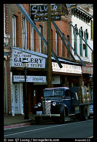 Old truck and storefronts. Virginia City, Nevada, USA (color)