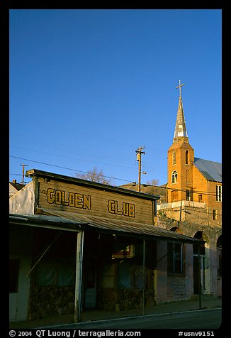 Golden Club and church, sunset, Austin. Nevada, USA (color)
