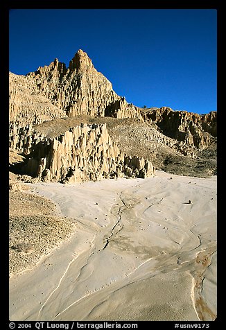 Mud plain below erosion spires, Cathedral Gorge State Park. Nevada, USA