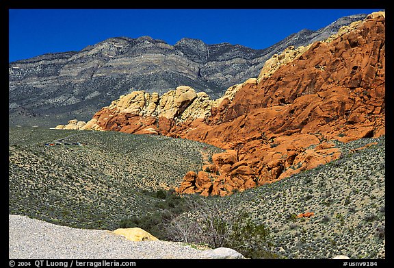 Red sandstone formations, and green hills, Red Rock Canyon. Red Rock Canyon, Nevada, USA
