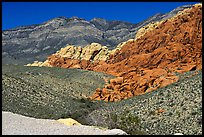 Red sandstone formations, and green hills, Red Rock Canyon. Red Rock Canyon, Nevada, USA