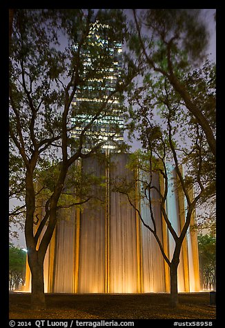 Gerald D. Hines Waterwall and Williams Tower at night. Houston, Texas, USA