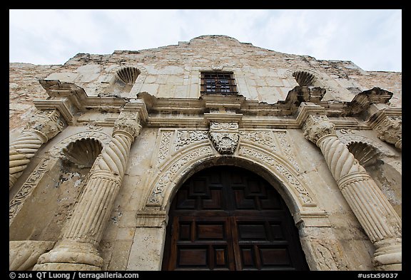 Looking up facade of the Alamo. San Antonio, Texas, USA