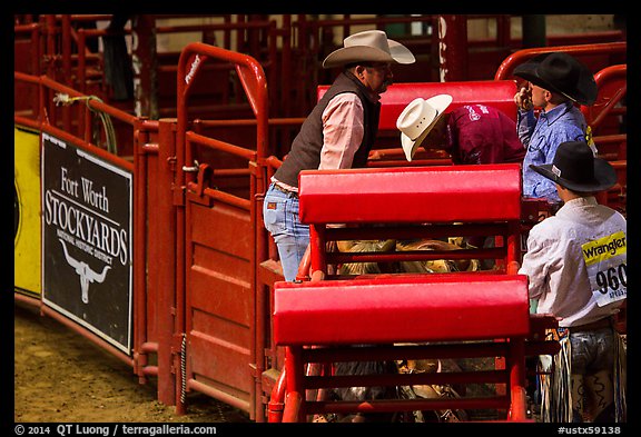 Men and gates, Stokyards Rodeo. Fort Worth, Texas, USA (color)