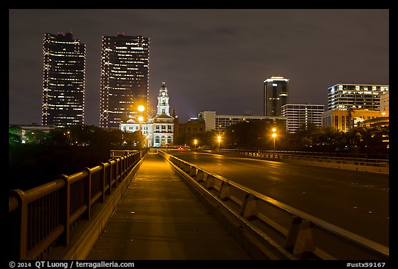 Bridge, courthouse, and skyline at night. Fort Worth, Texas, USA (color)