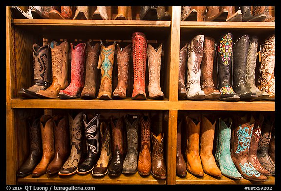 Leather cowboy boots for sale. Fort Worth, Texas, USA (color)