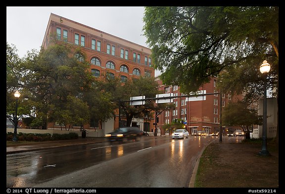 Elm Street with X marking JFK assassination spot and Texas School Book Depository,. Dallas, Texas, USA (color)