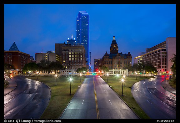 Dealey Plazza and skyline at dusk. Dallas, Texas, USA (color)