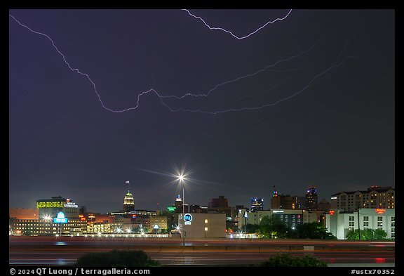 Skyline with Tower Life Building and lightning. San Antonio, Texas, USA (color)