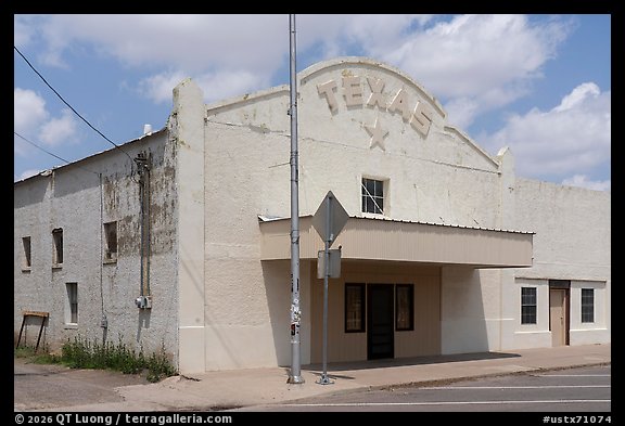 Weathered façade of the Texas Theatre, Marfa. Texas, USA (color)
