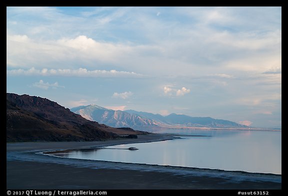 Sky, shoreline and hills, Antelope Island, Great Salt Lake,. Utah, USA