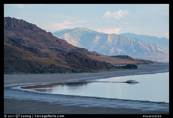 Shoreline and desert hills, Antelope Island, Great Salt Lake,. Utah, USA
