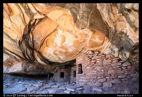Ruin in alcove with collaposed ceiling. Bears Ears National Monument, Utah, USA (color)