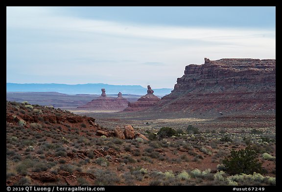 Cliff and monoliths at dusk, Valley of the Gods. Bears Ears National Monument, Utah, USA