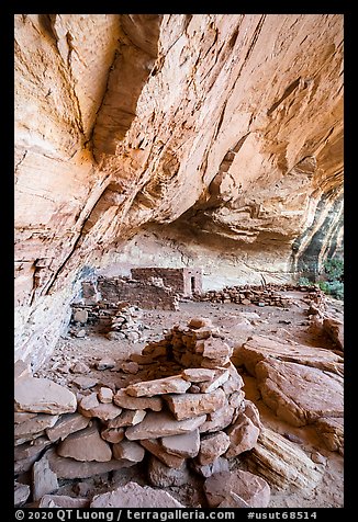 Fireplace and other structures in alcove, Perfect Kiva complex. Bears Ears National Monument, Utah, USA