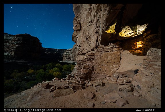 Jailhouse Ruin under moonlight with light from window. Bears Ears National Monument, Utah, USA