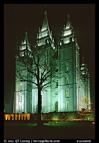 Great Mormon Temple with Christmas lights, Salt Lake City. Utah, USA