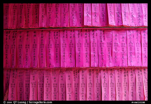 Prayer labels with names written in Chinese characters. Cholon, District 5, Ho Chi Minh City, Vietnam (color)